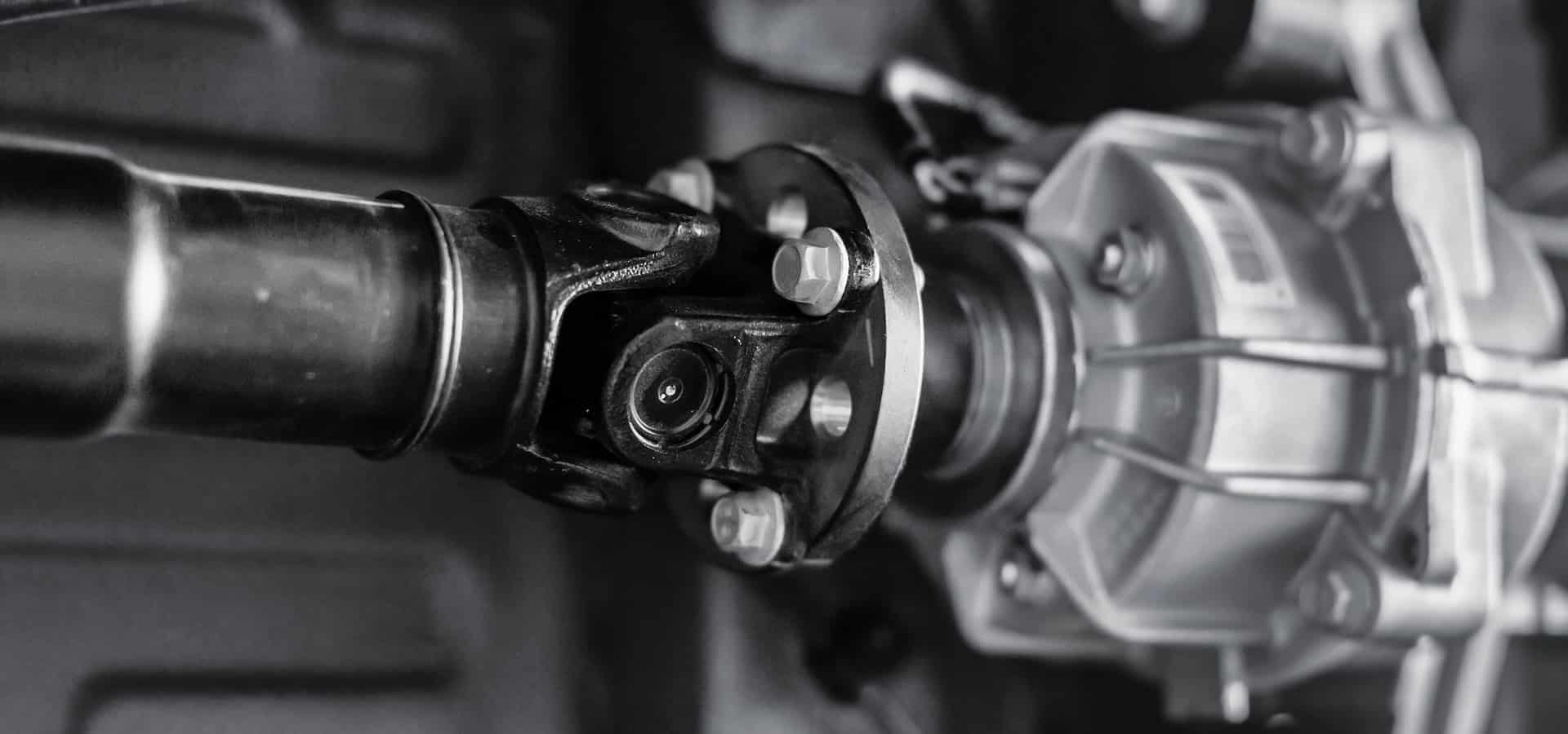 Close-up of vehicle driveshaft and universal joint